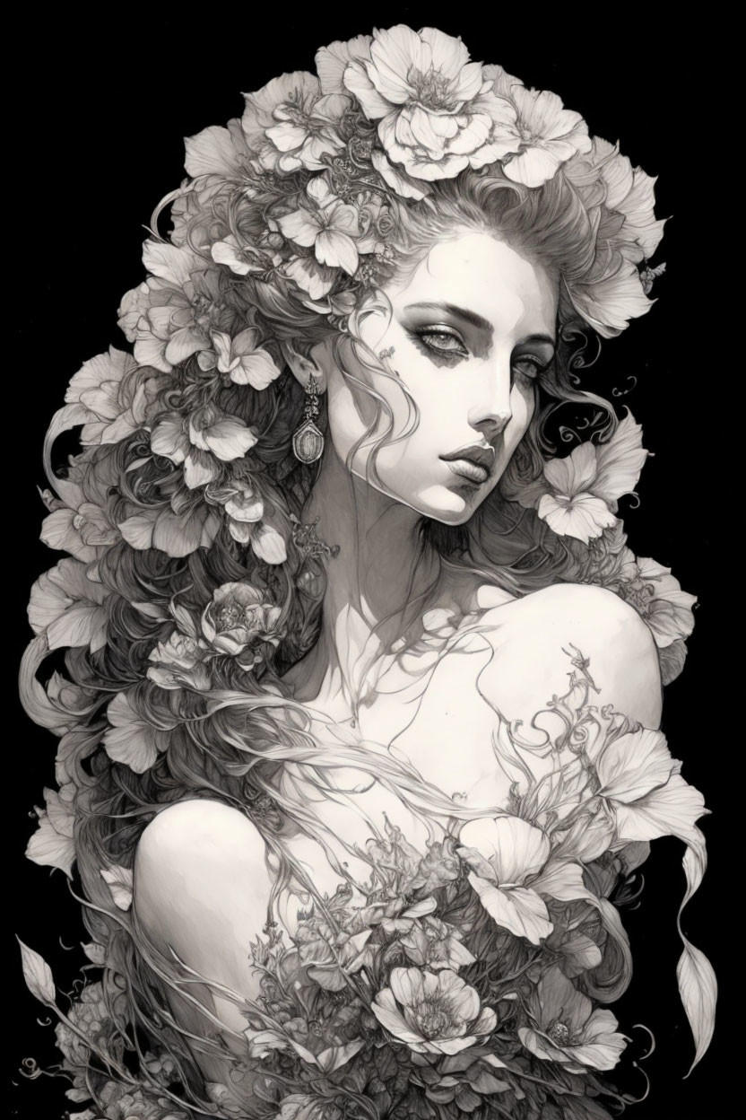 Detailed Illustration: Woman with Voluminous Hair & Flowers