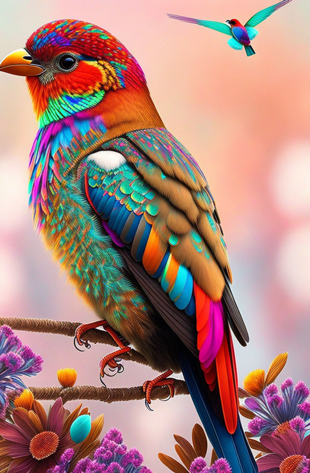 Colorful bird art: Rainbow-feathered bird perched on branch