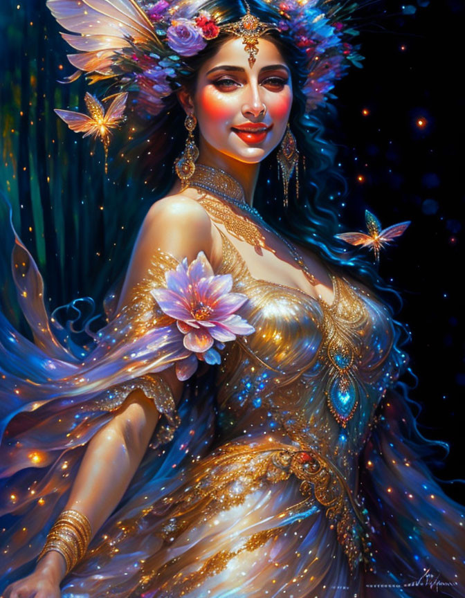 Ethereal woman in golden attire with butterflies and starry backdrop