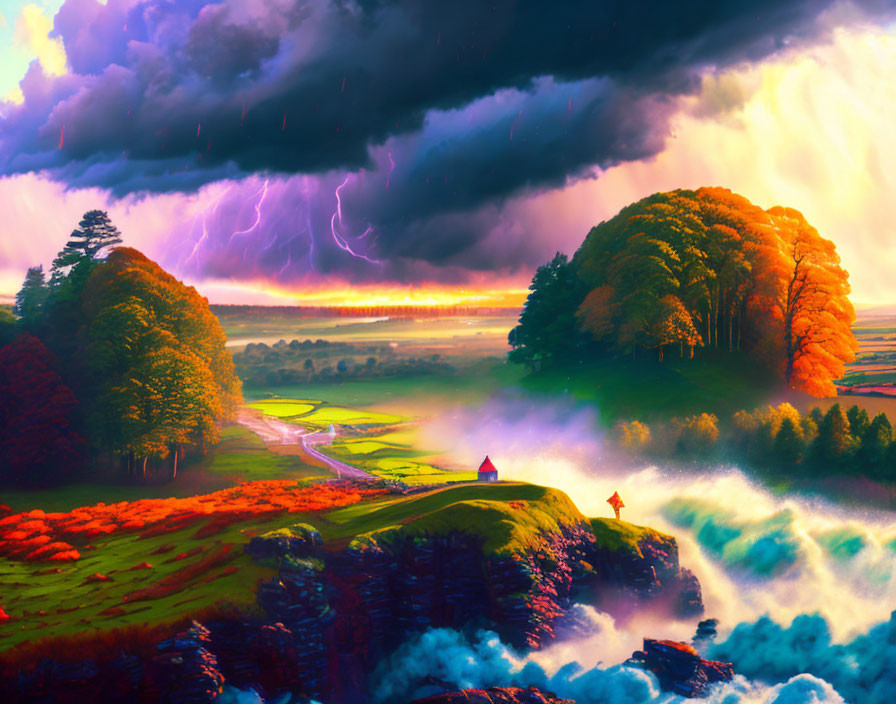 Surreal landscape with thunderstorm, rainbow, and solitary figure