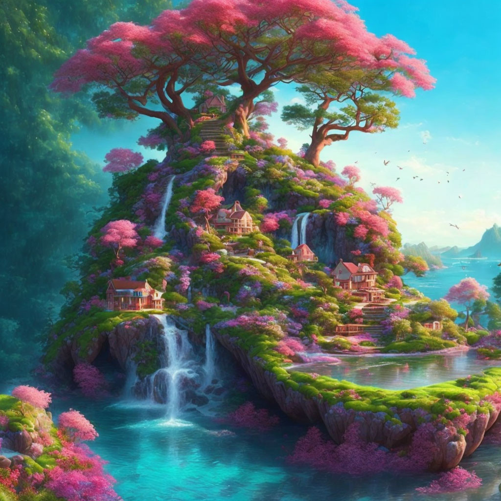 Colorful island landscape with pink-flowered trees and cascading waterfalls