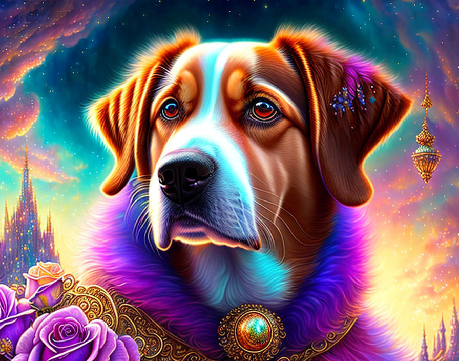 Colorful Dog Illustration Against Cosmic Background