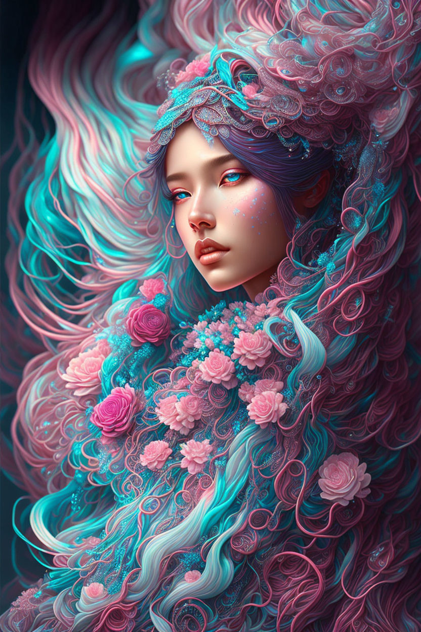 Fantasy Artwork: Female Character with Pink and Blue Hair, Rose Adornments