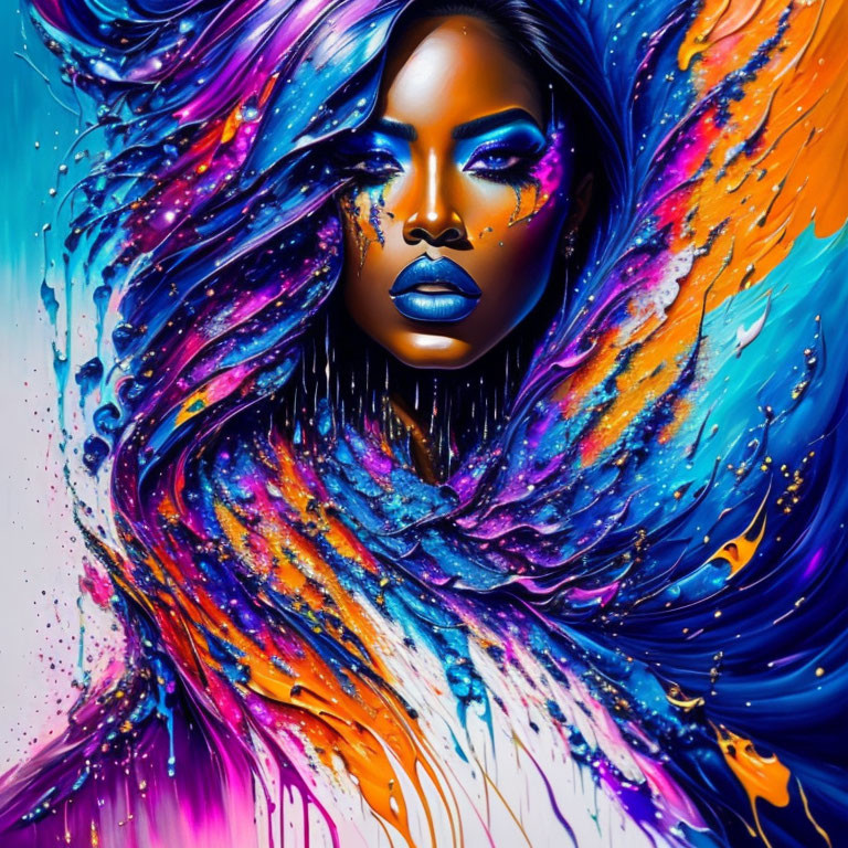 Colorful Artwork: Woman with Blue Skin and Lips, Dynamic Splash of Blue, Purple, and