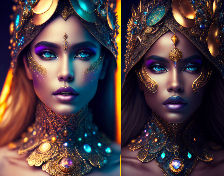 Split portrait: Woman with fantasy makeup & ornate headpieces in warm gold tones & cool blue hues