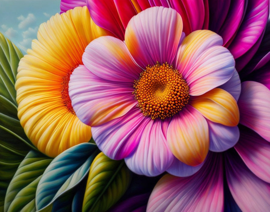 Detailed Vibrant Flowers in Pink, Yellow, and Orange on Green Background