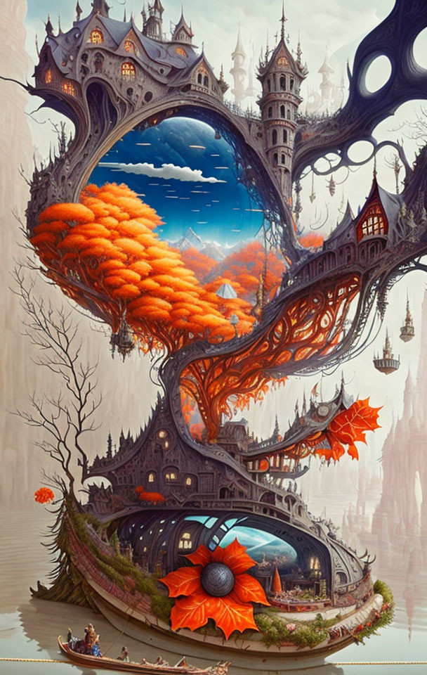 Surreal twisted tree with Gothic architecture in vibrant orange foliage