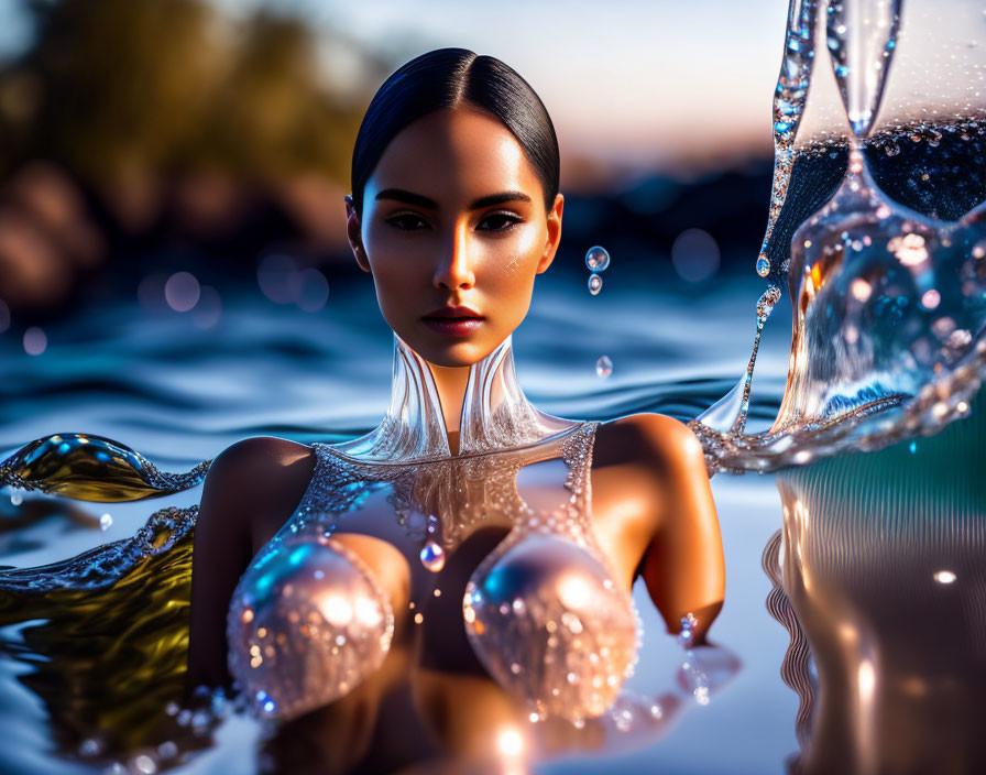 Woman with sleek hair and striking makeup emerges from water in futuristic metallic outfit at dusk