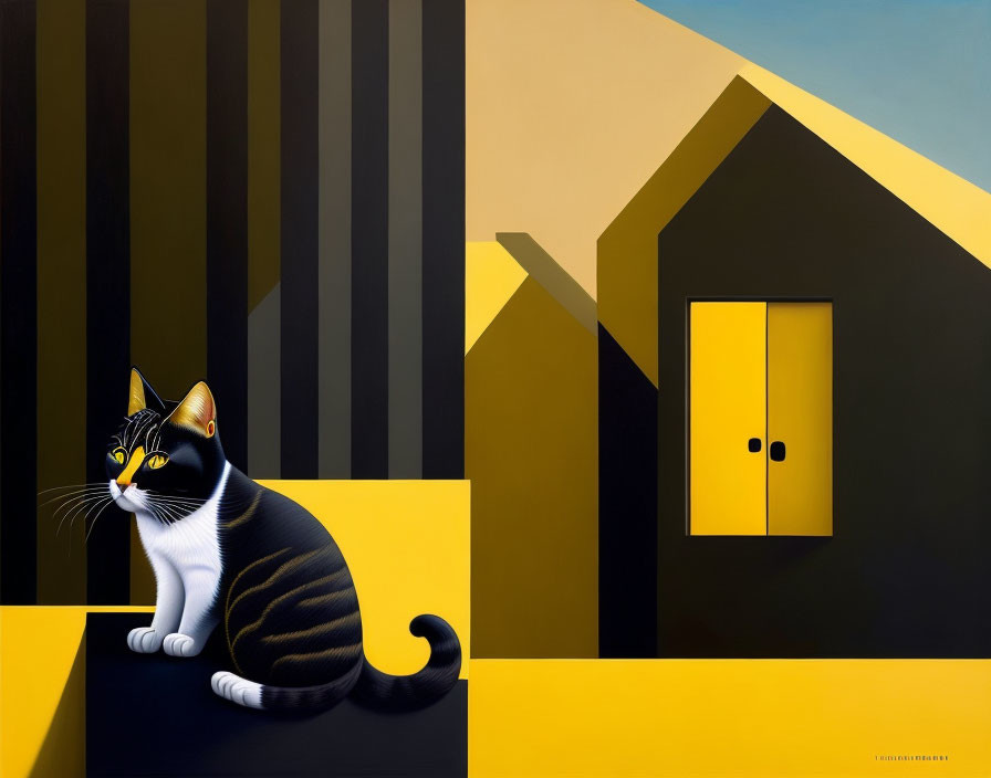 Black and White Cat on Geometric Yellow and Black Structure