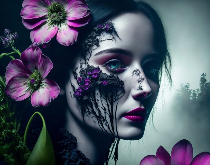 Surreal portrait of woman with floral design in dark, moody setting