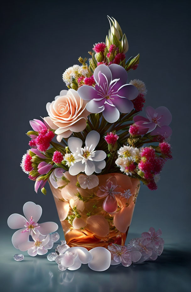 Assorted Pastel Flowers in Copper Vase on Gray Surface