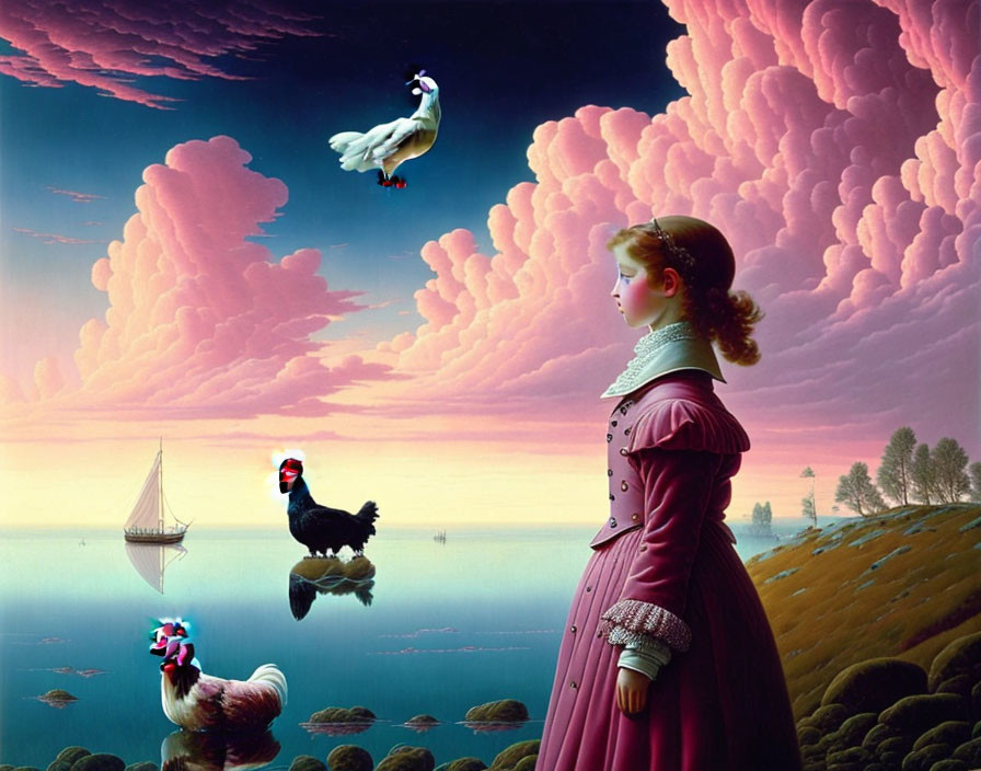 Surreal landscape with girl, reflective water, colorful clouds, and unique ducks