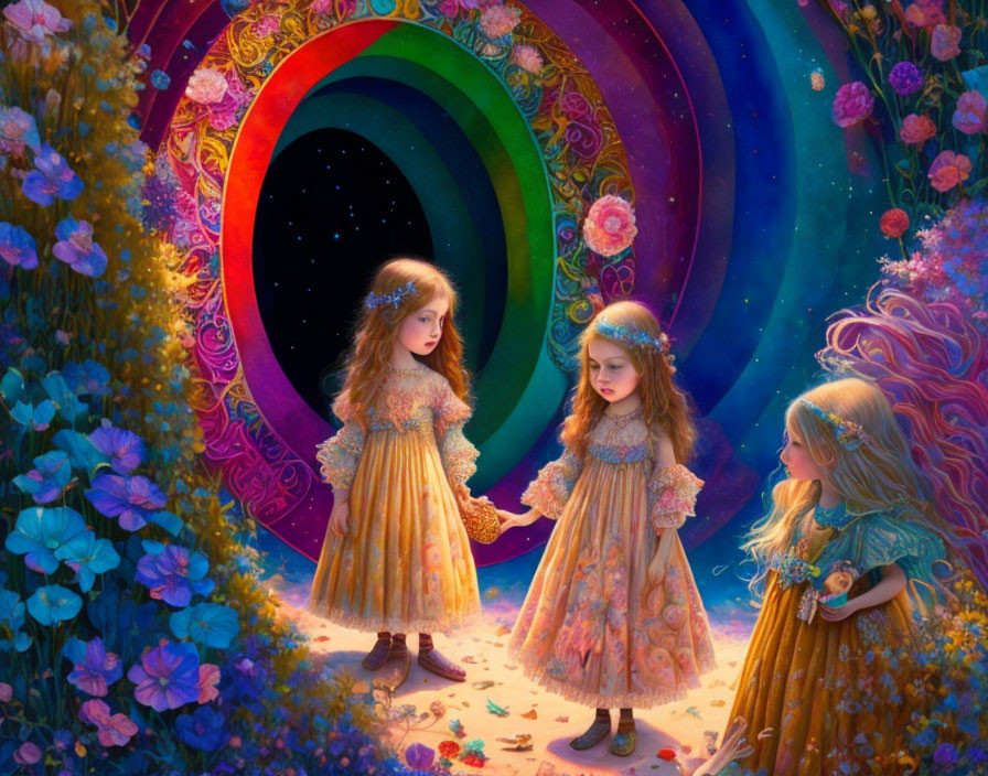 Four Young Girls in Vintage Dresses Surrounded by Vibrant Flowers Near Magical Portal