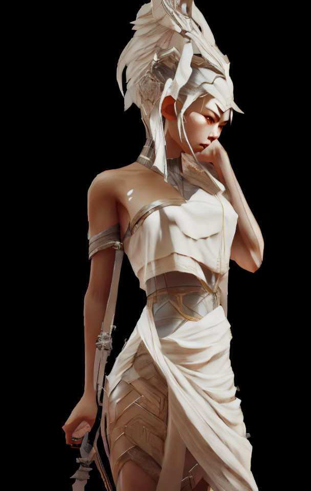 Stylized figure in white outfit with futuristic hairstyle on dark background