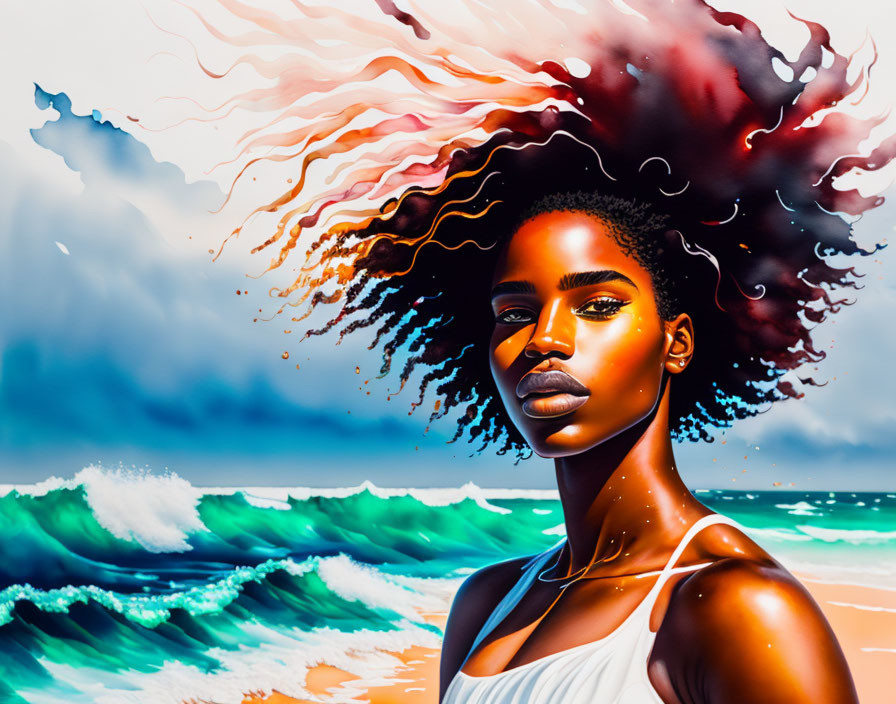 Colorful digital artwork: Woman with wave-like hair against ocean backdrop