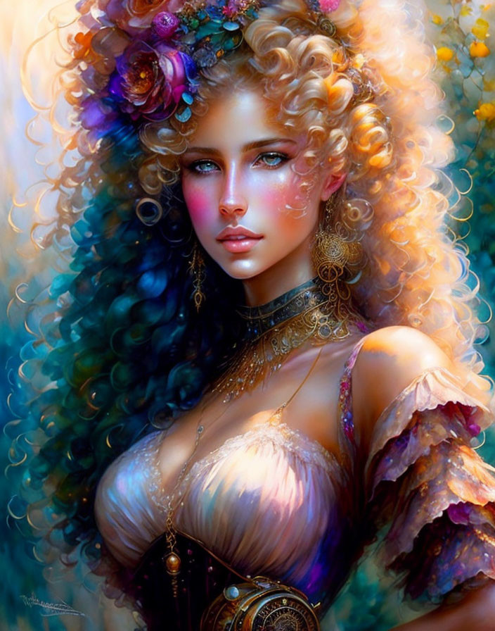 Fantasy portrait of woman with curly hair, flowers, blue tips, makeup, choker, and