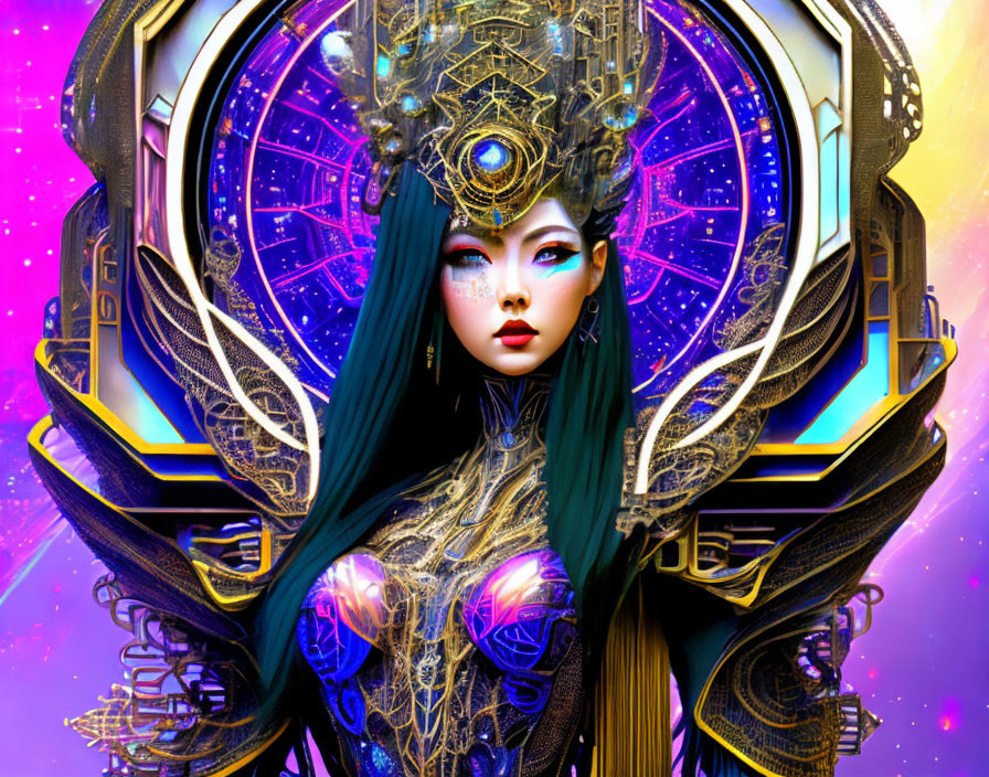 Vibrant digital artwork: Female character in futuristic golden headgear and cosmic armor