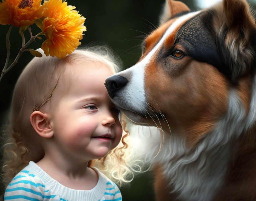 Smiling toddler with striped outfit and brown and white dog