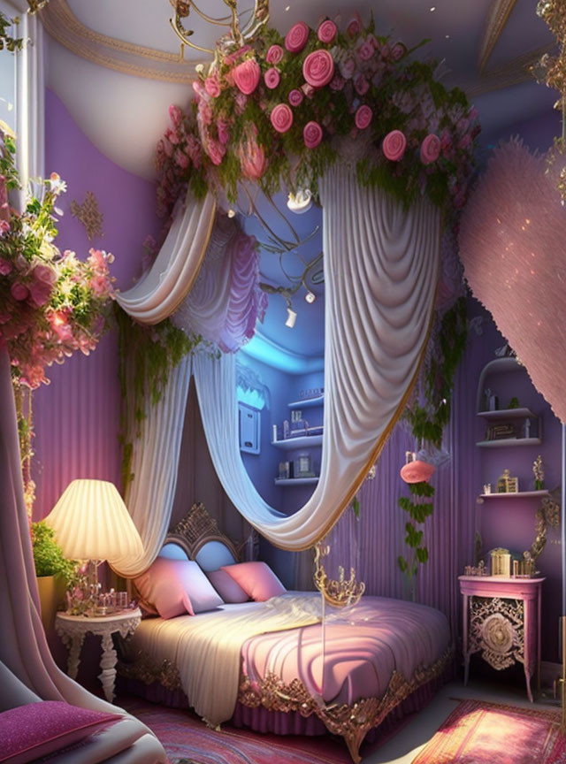 Luxurious Bedroom with Canopy Bed and Pink Flowers