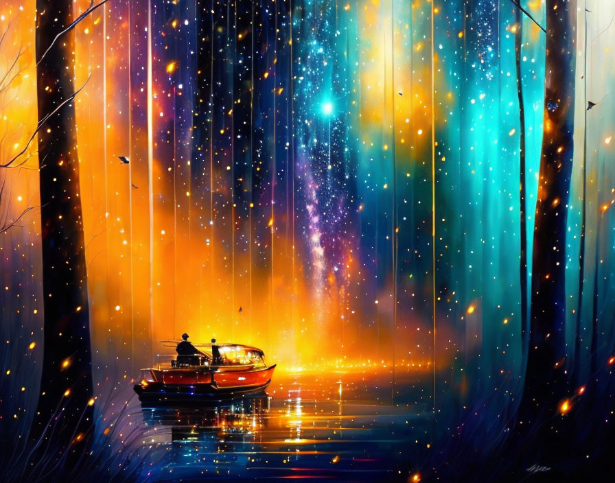 Colorful digital artwork: Person in boat on tranquil lake under starry skies.