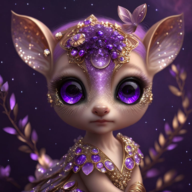 Colorful Creature Illustration with Large Purple Eyes and Golden Headpiece