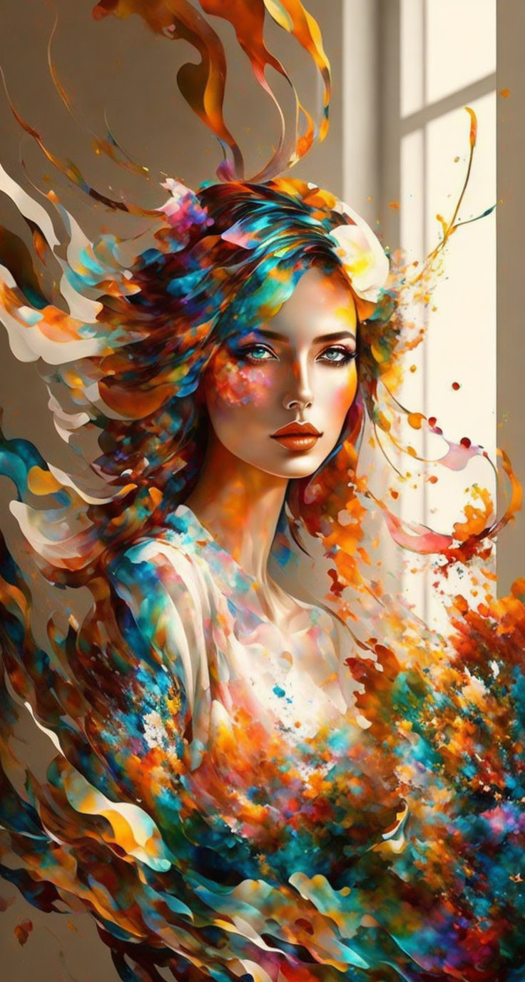 Vibrant digital artwork: Woman with flowing hair and paint splashes