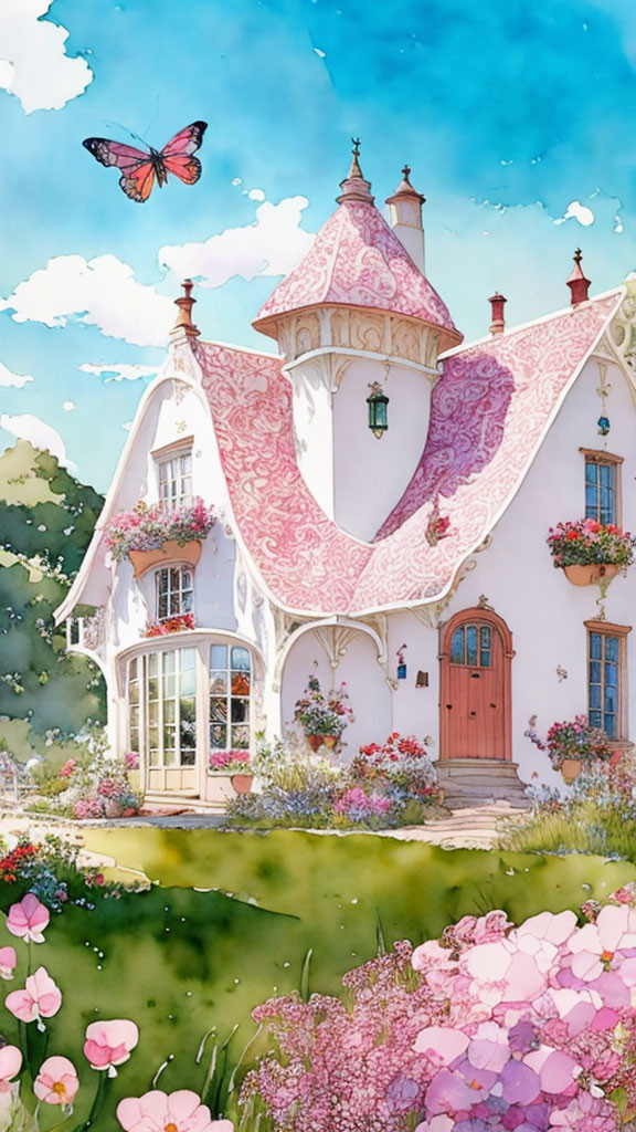 Charming cottage illustration with lush gardens and butterfly