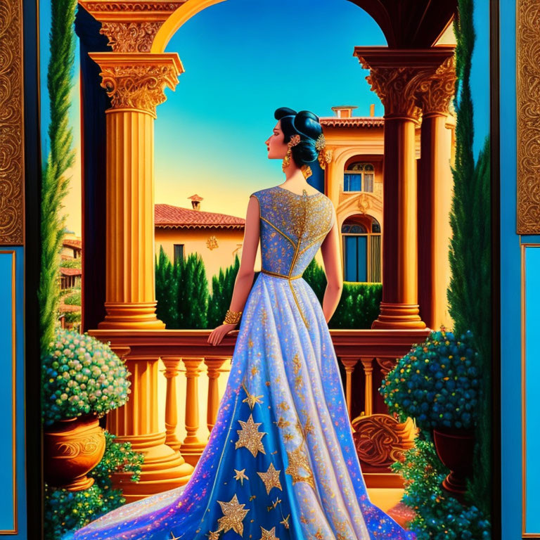 Woman in Elegant Blue and Gold Gown on Luxurious Balcony with Classical Columns and Vibrant