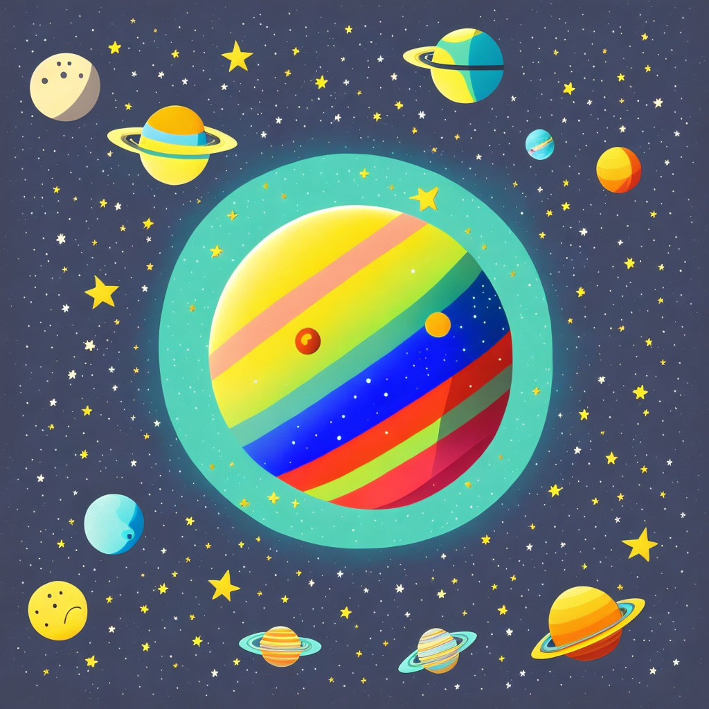 Colorful Planets and Stars in Whimsical Space Scene