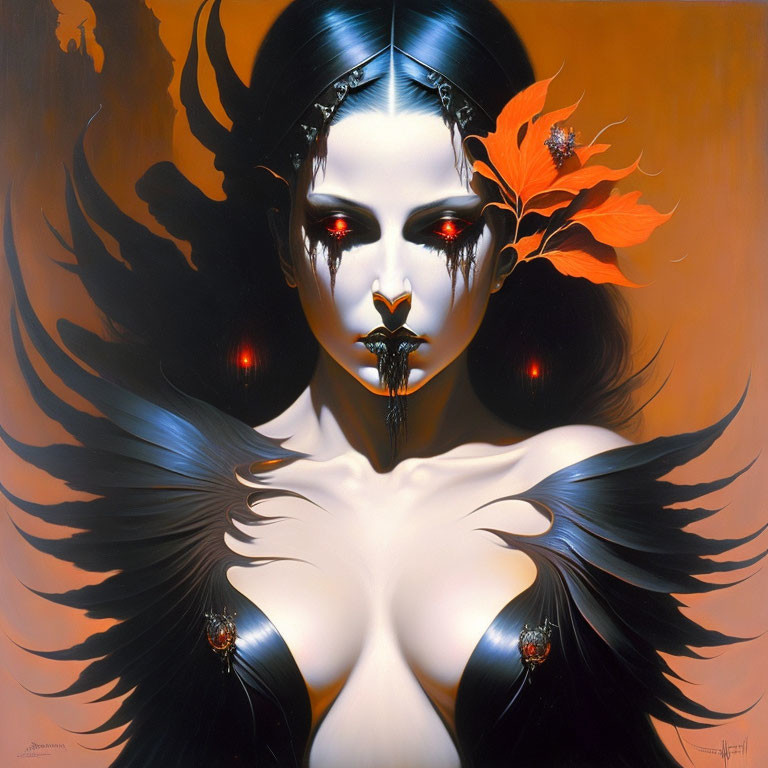 Fantasy-themed digital artwork of pale woman with feather-like hair adornments and red eyes.