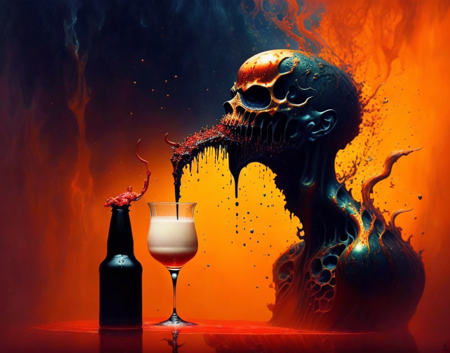 Skull-shaped molten liquid splash in wine glass with fiery red background