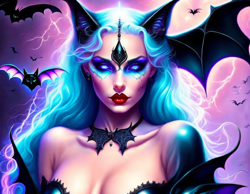 Fantasy digital art: female figure with blue hair, bat wings, purple glow, bats.