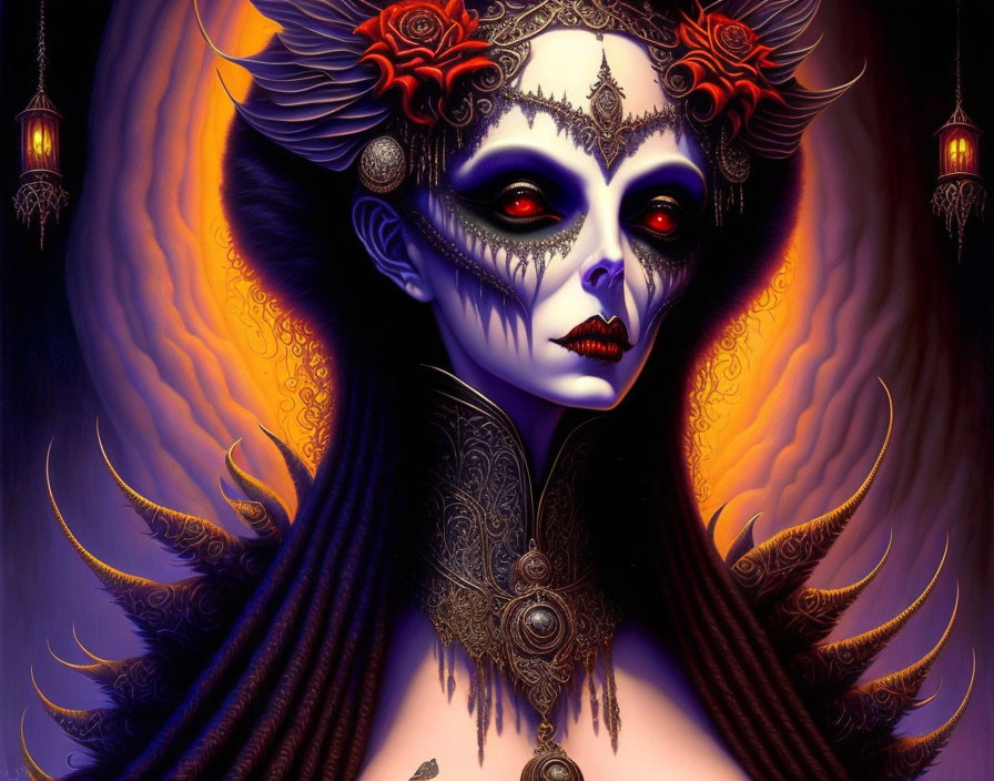 Gothic female figure with skull makeup and red roses on purple background