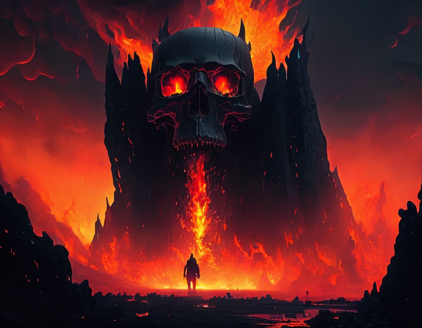 Figure in fiery landscape with skull-shaped structure under red sky