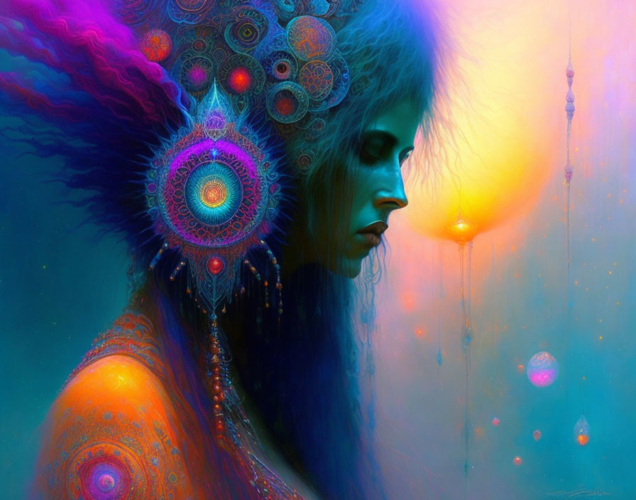 Digital artwork: Woman with blue skin, mandala patterns, glowing orbs