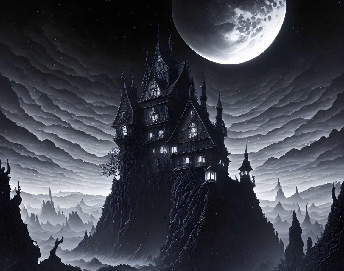 Gothic-style mansion on craggy peak under full moon