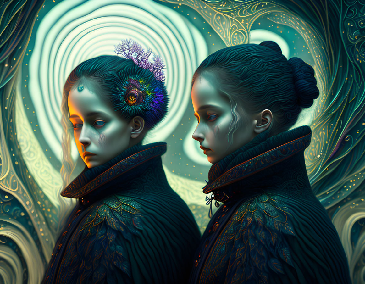 Stylized somber-faced figures in intricate attire on teal background