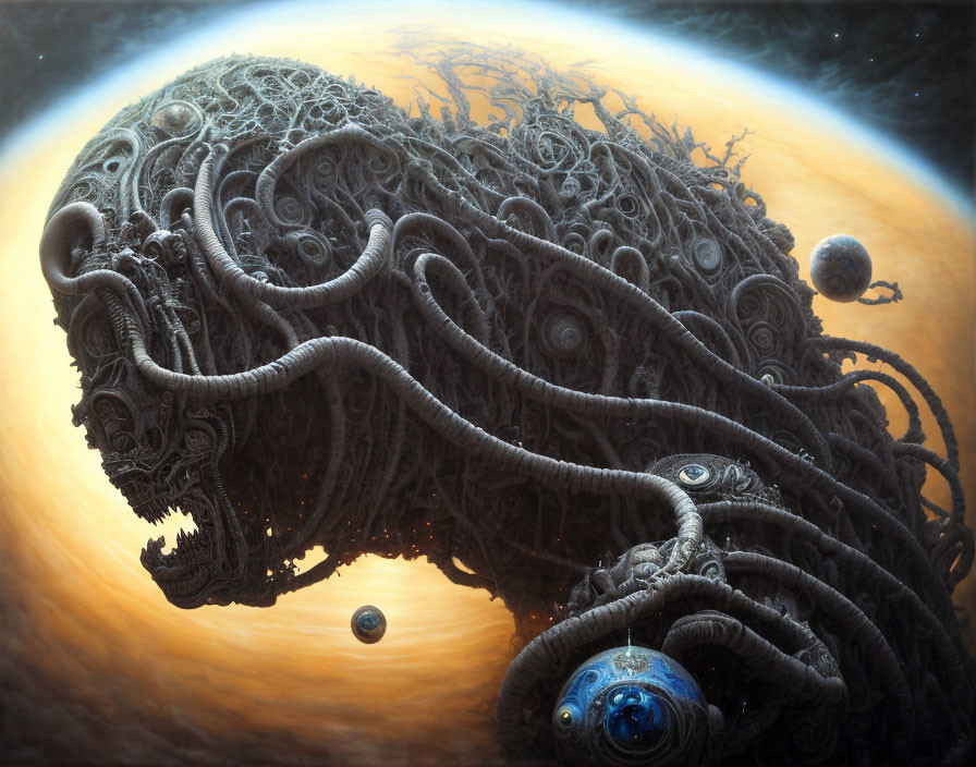 Intricate cosmic entity with tentacles and warm-toned planets