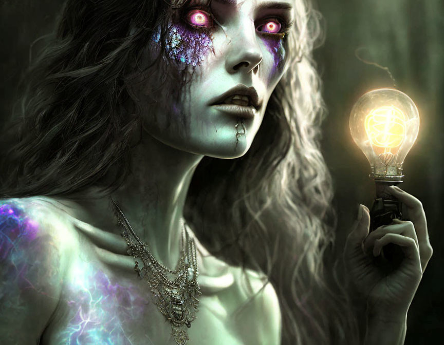 Mystical woman with glowing purple eyes holds illuminated lightbulb in ethereal forest