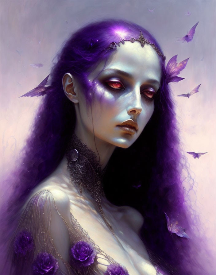 Mystical female figure with purple hair and red eyes among fluttering butterflies