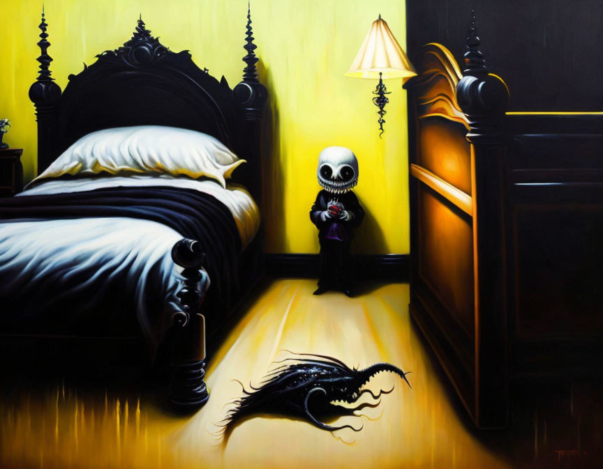 Gothic room scene: Jack Skellington with gift, monster under bed