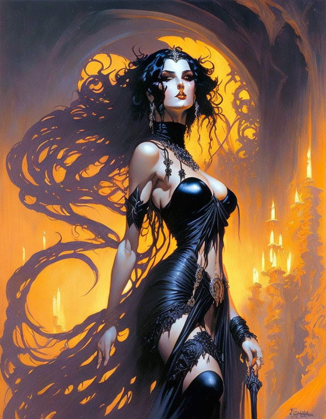 Illustrated fantasy female character with black hair, dark armor, and mystical backdrop.