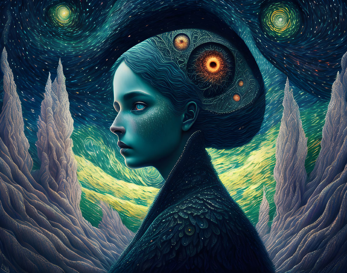 Surreal portrait of woman with blue skin and cosmic patterns on starry background