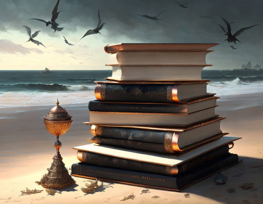 Stack of ornate books on beach at sunset with flying birds, ship on horizon, and small globe