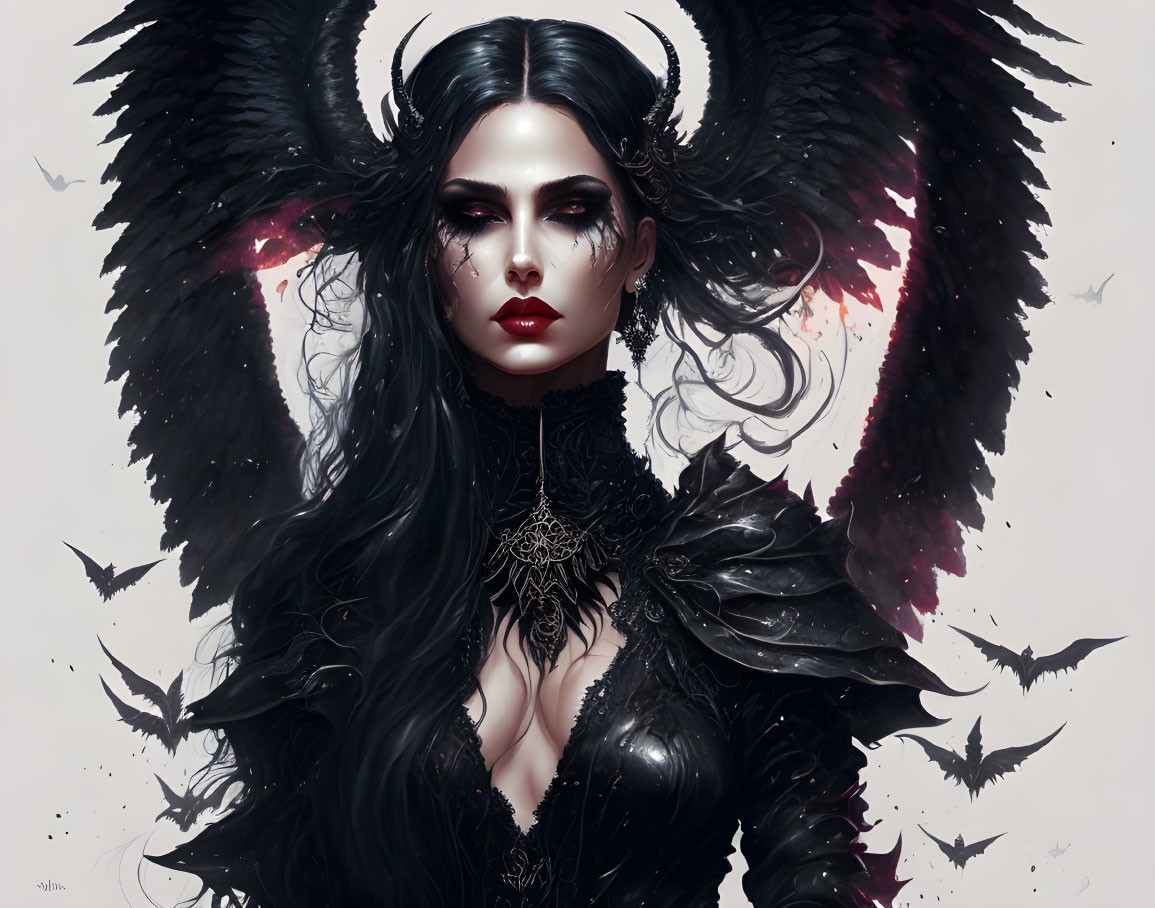 Gothic fantasy art: Woman with black angel wings, horned silhouette, crows, dark