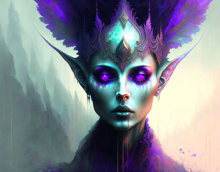 Purple-skinned female fantasy portrait with glowing eyes and elaborate crown.