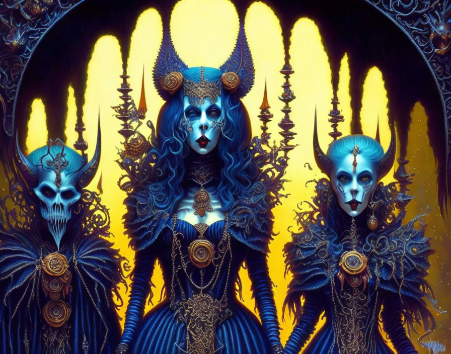 Fantasy figures with skull-like faces in dark blue and gold attire before arched windows.