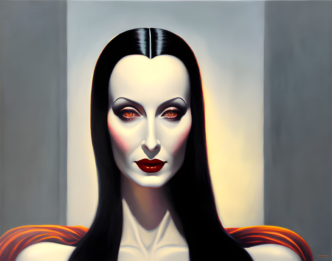 Illustration: Woman with long black hair, pale skin, red lips, captivating eyes on soft grey