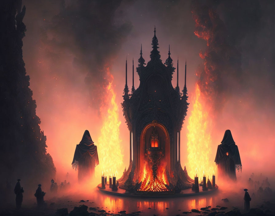 Dark Temple Surrounded by Flames and Cloaked Figures