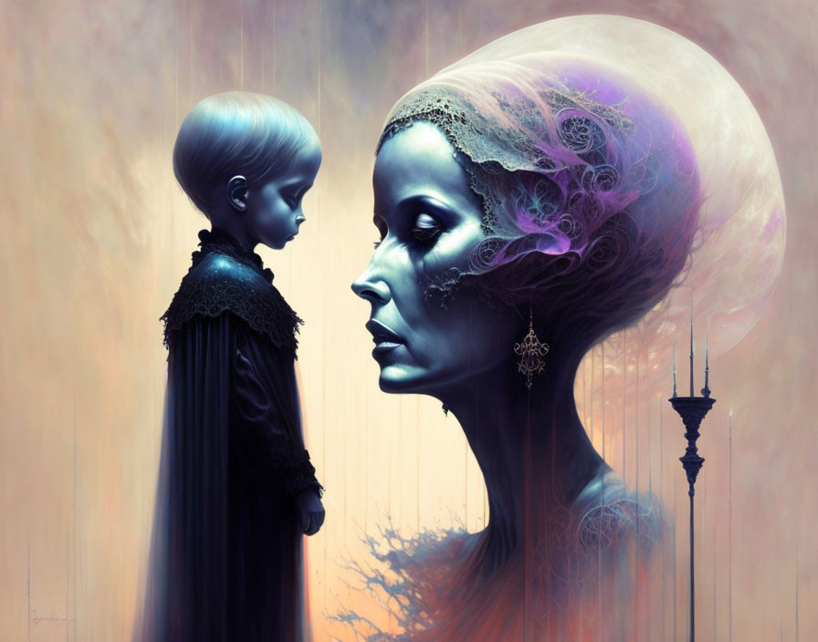 Surreal portrait of child and ornate, translucent figure in moody setting